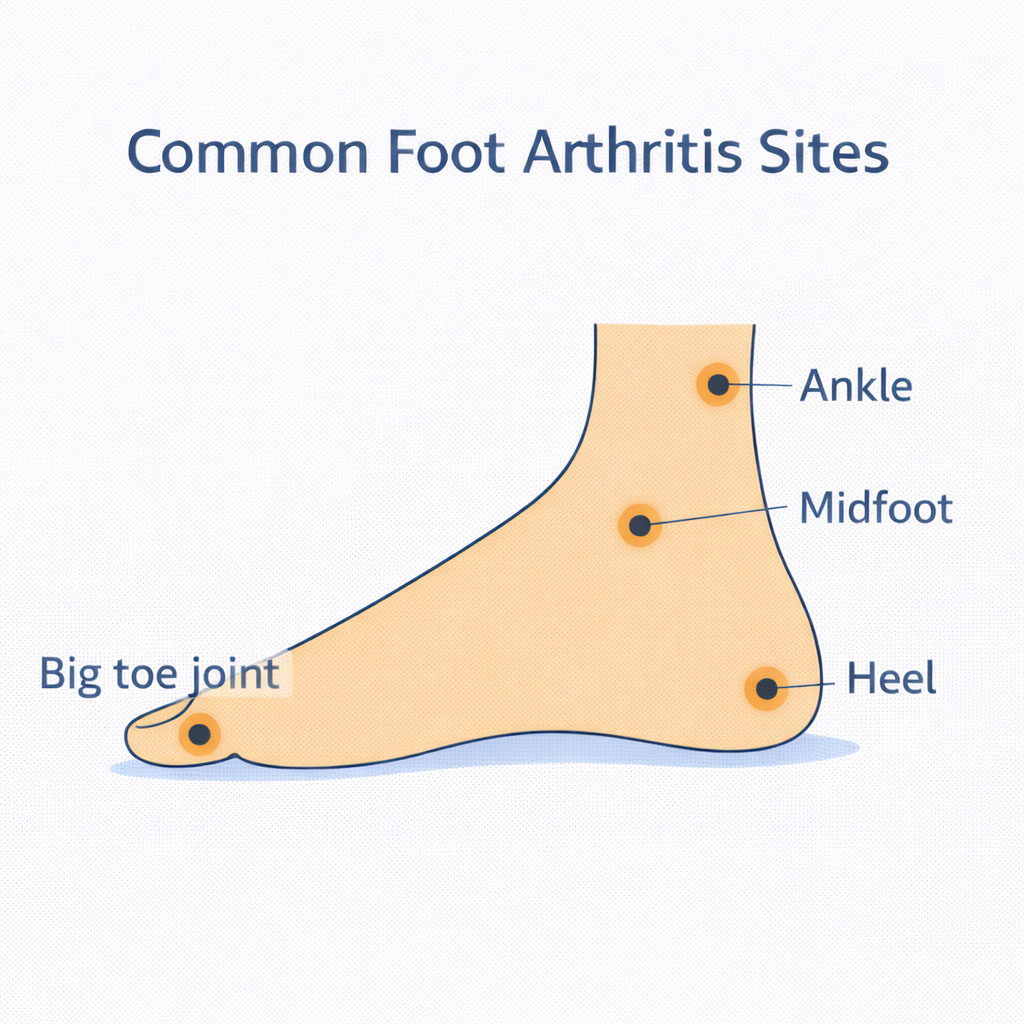 Diagram highlighting common arthritis locations in the ageing foot