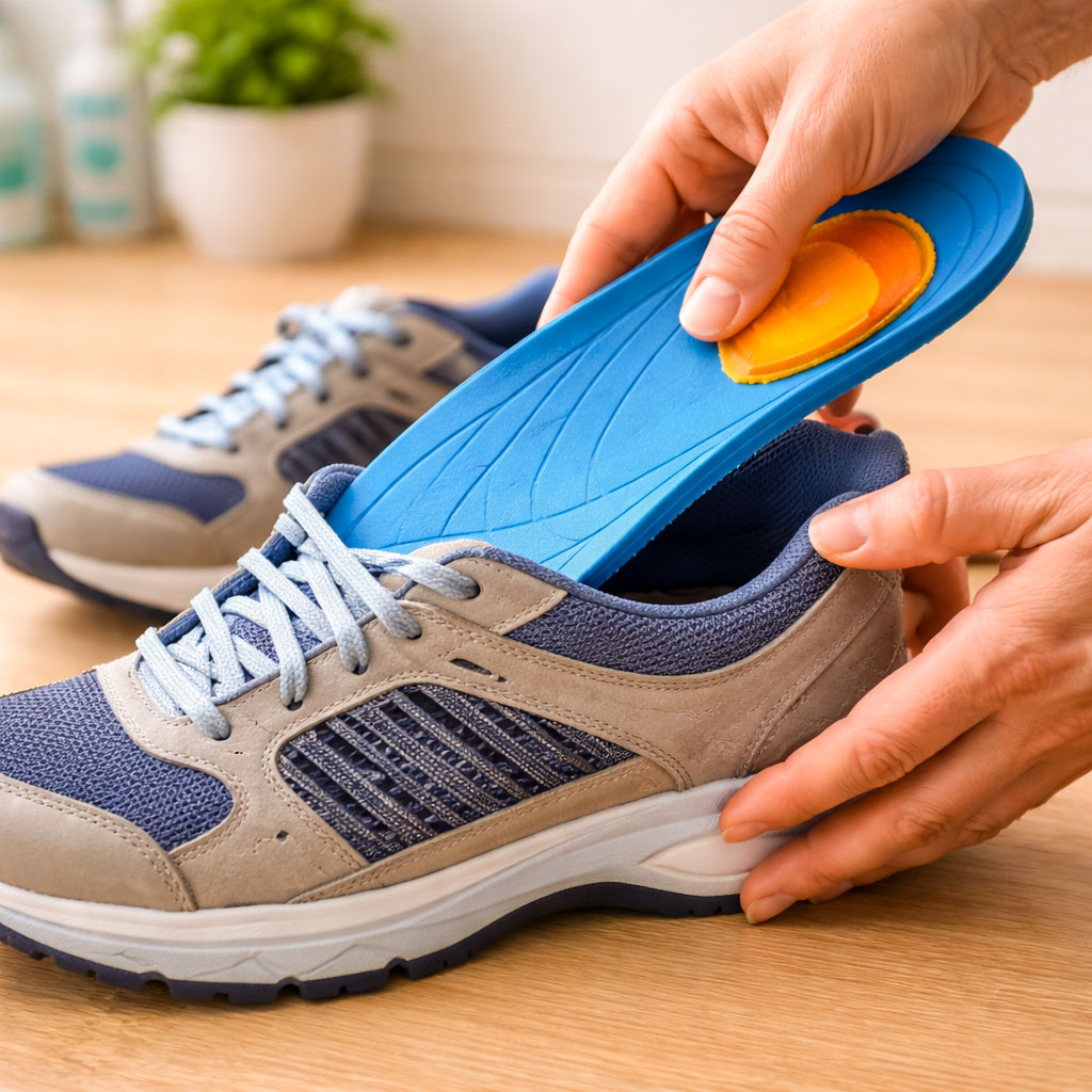 Close-up of cushioned insoles being placed into walking shoes