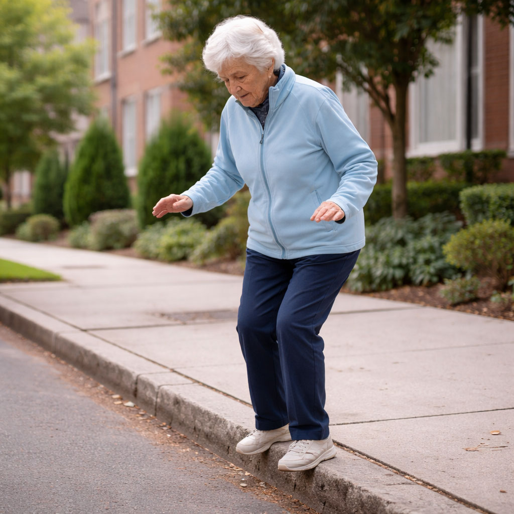Older adult hesitating at a kerb due to fear of falling