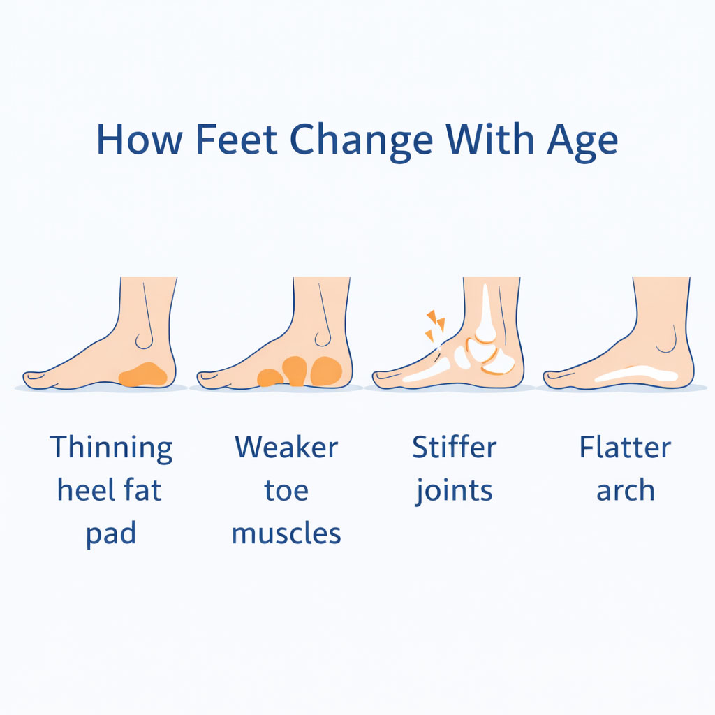 Infographic showing how feet change with age including muscle, joint and fat pad changes