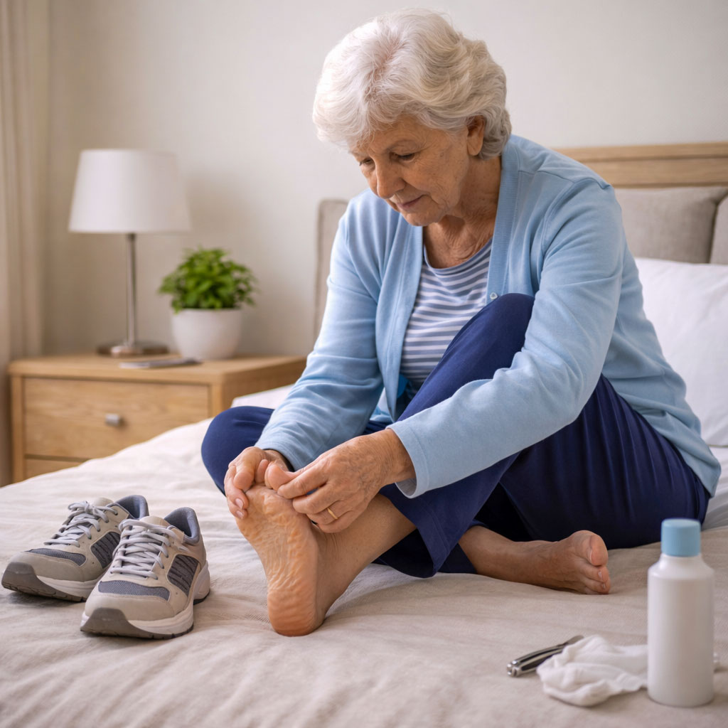 Older adult inspecting their feet as part of routine foot care