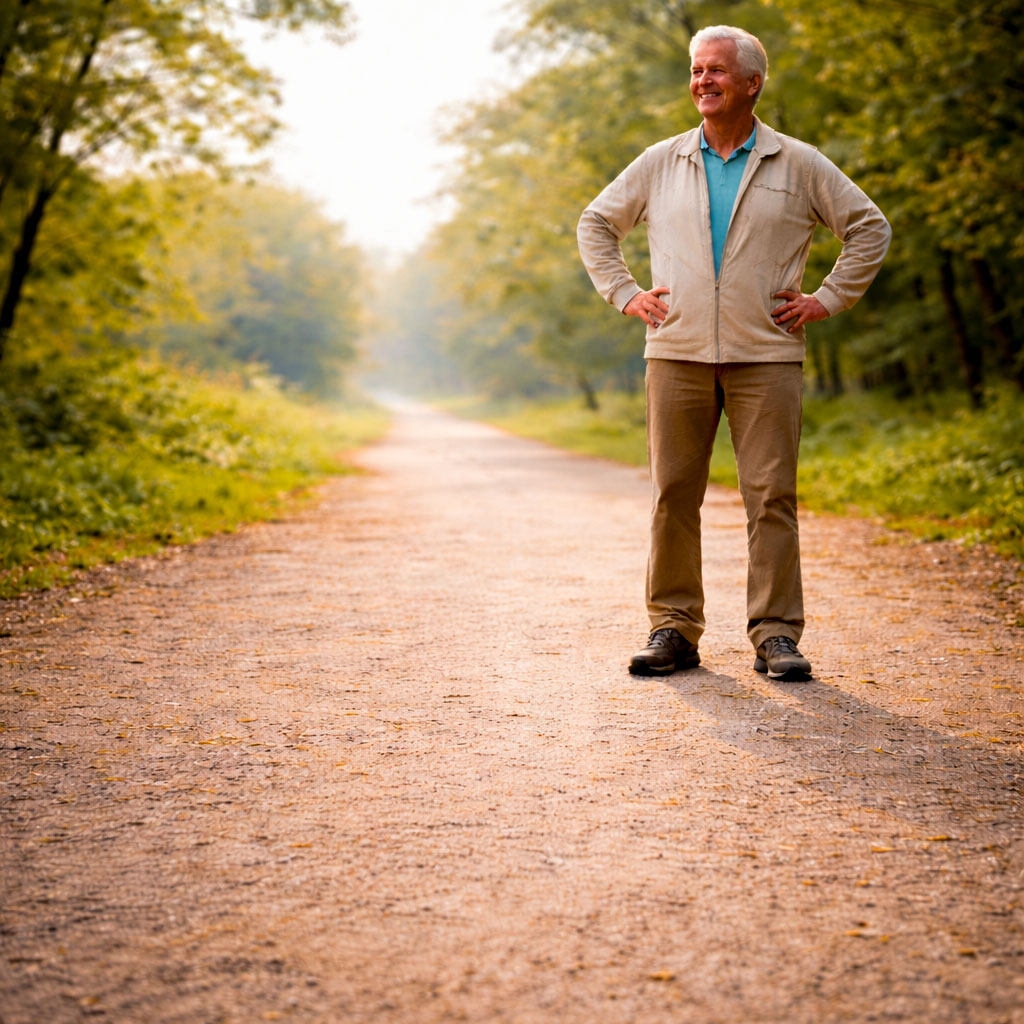 Older adult standing confidently with a fading trail of footprints behind them