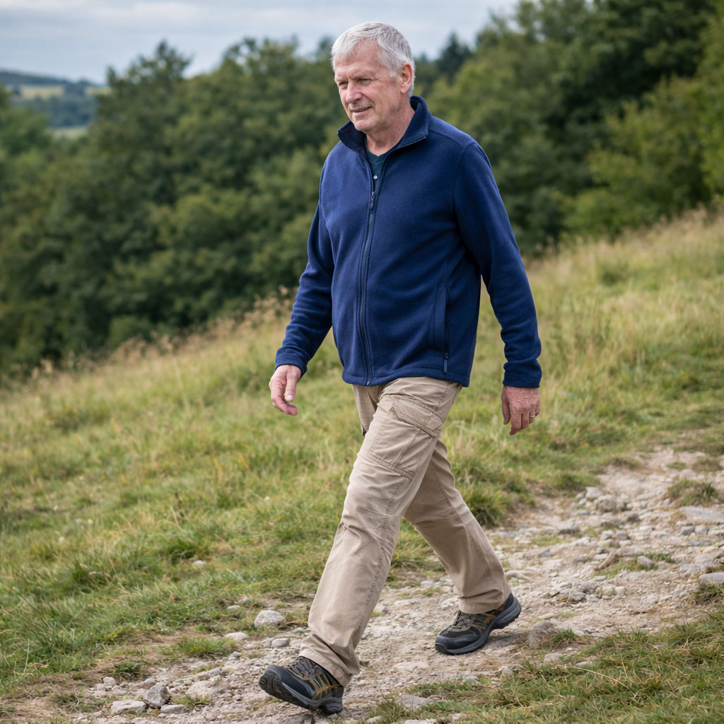 Older adult walking on varied terrain showing natural ankle movement