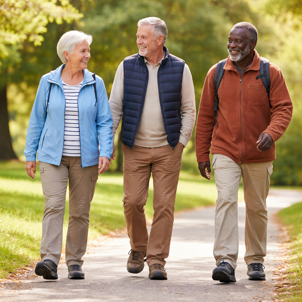 Older adults walking confidently on a UK park footpath wearing supportive shoes