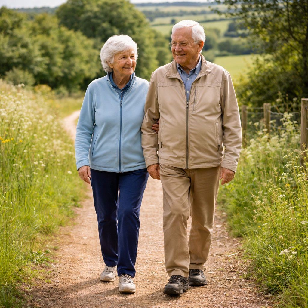 Older adults walking together confidently on a countryside path