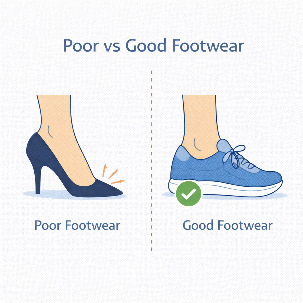 Comparison of poorly fitting shoes versus supportive walking footwear
