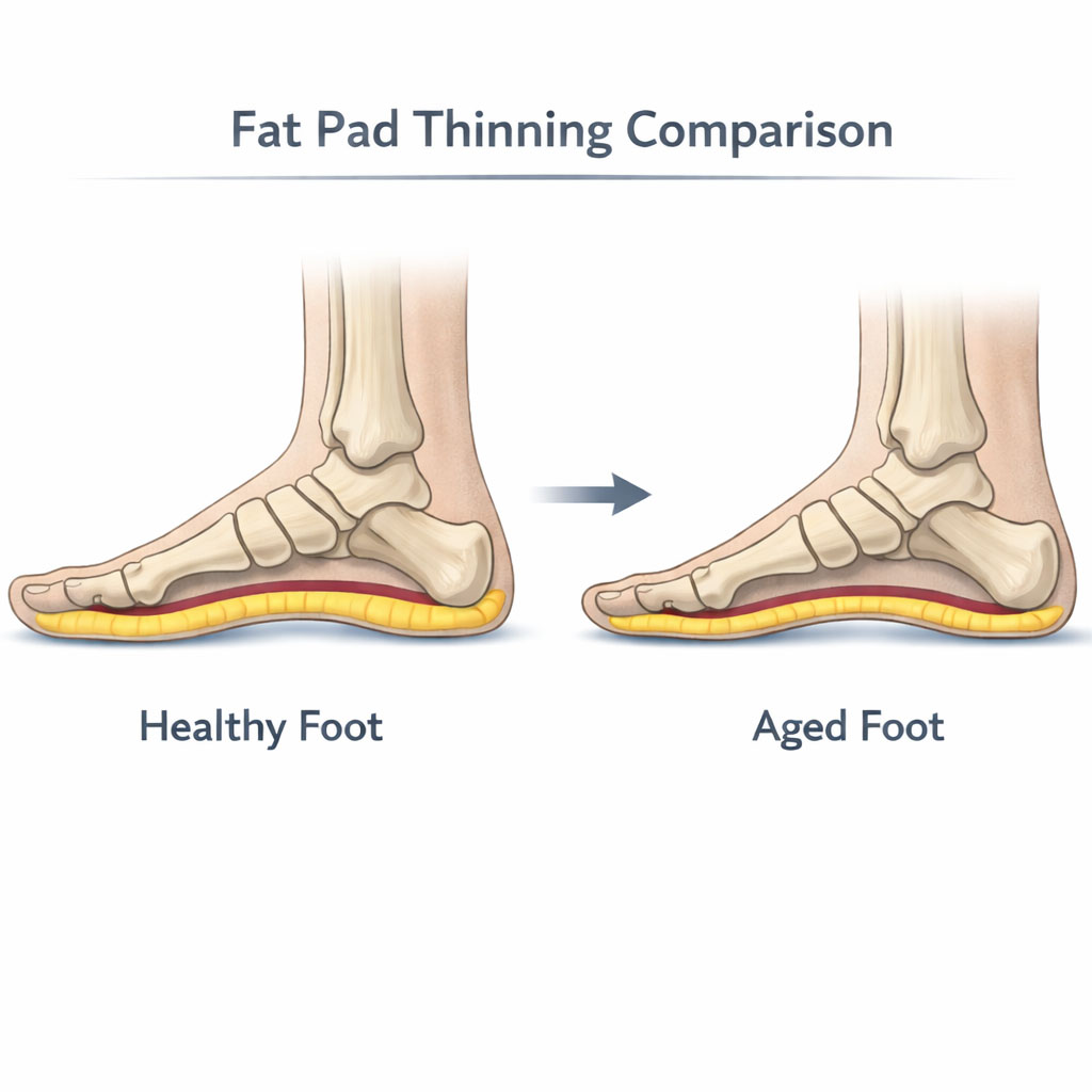 Comparison diagram showing thinning foot fat pads with ageing