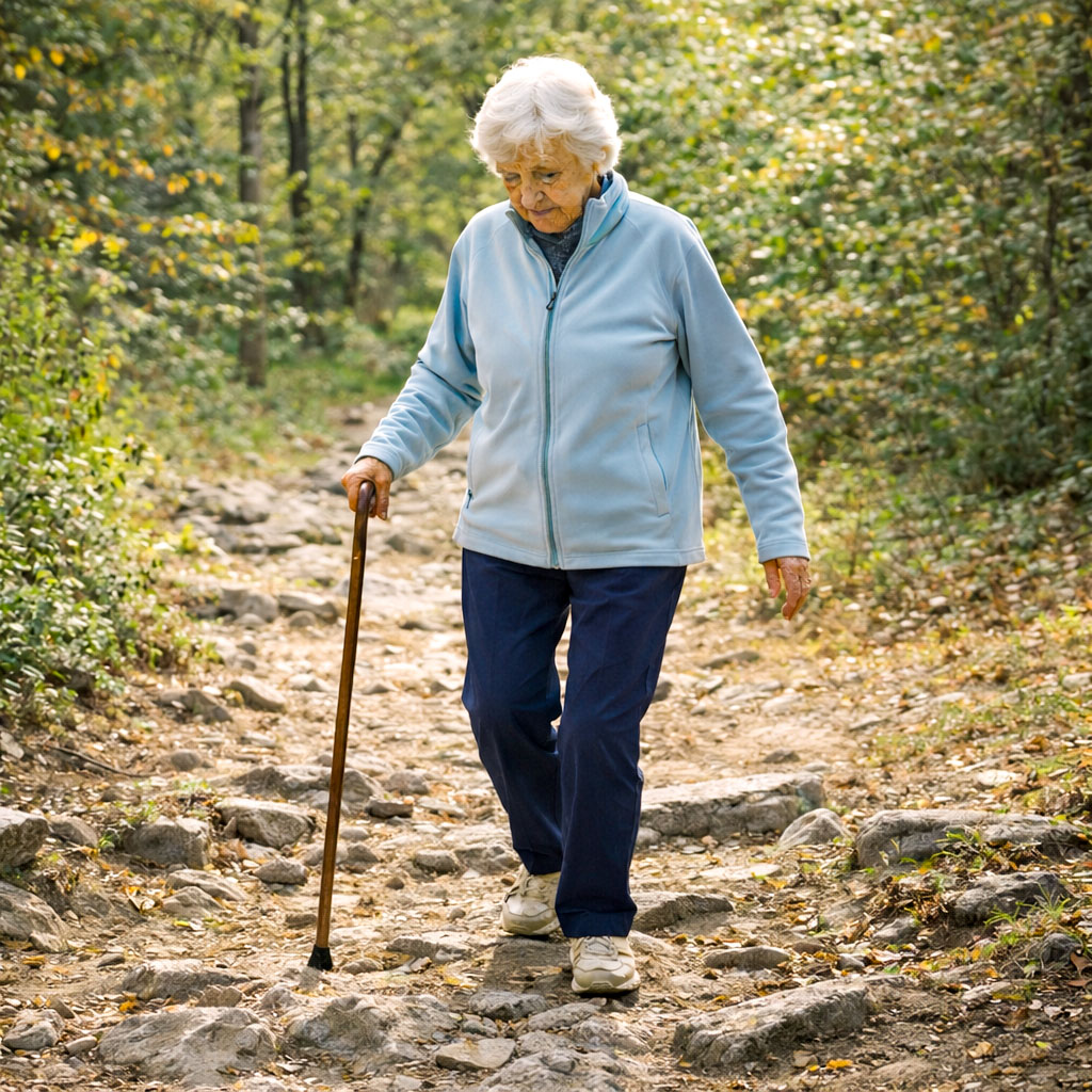 Older adult walking carefully on uneven ground showing balance challenge
