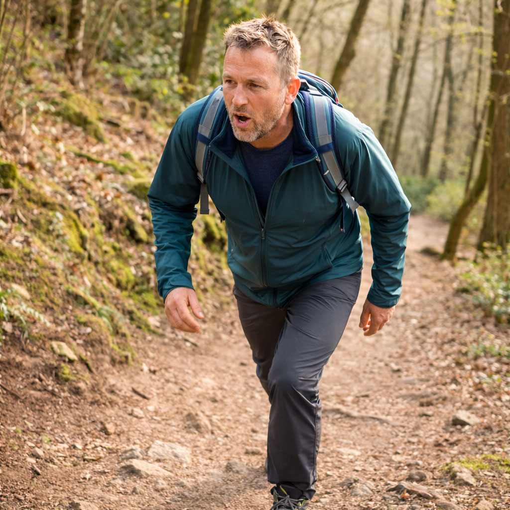 Middle-aged man walking uphill on woodland trail with stronger breathing illustrating Zone 3 drift