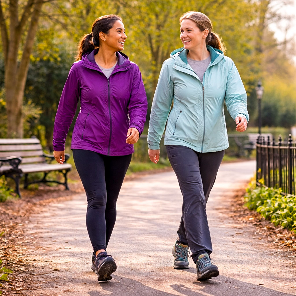 Two women brisk walking in a UK park while chatting comfortably to demonstrate Zone 2 effort