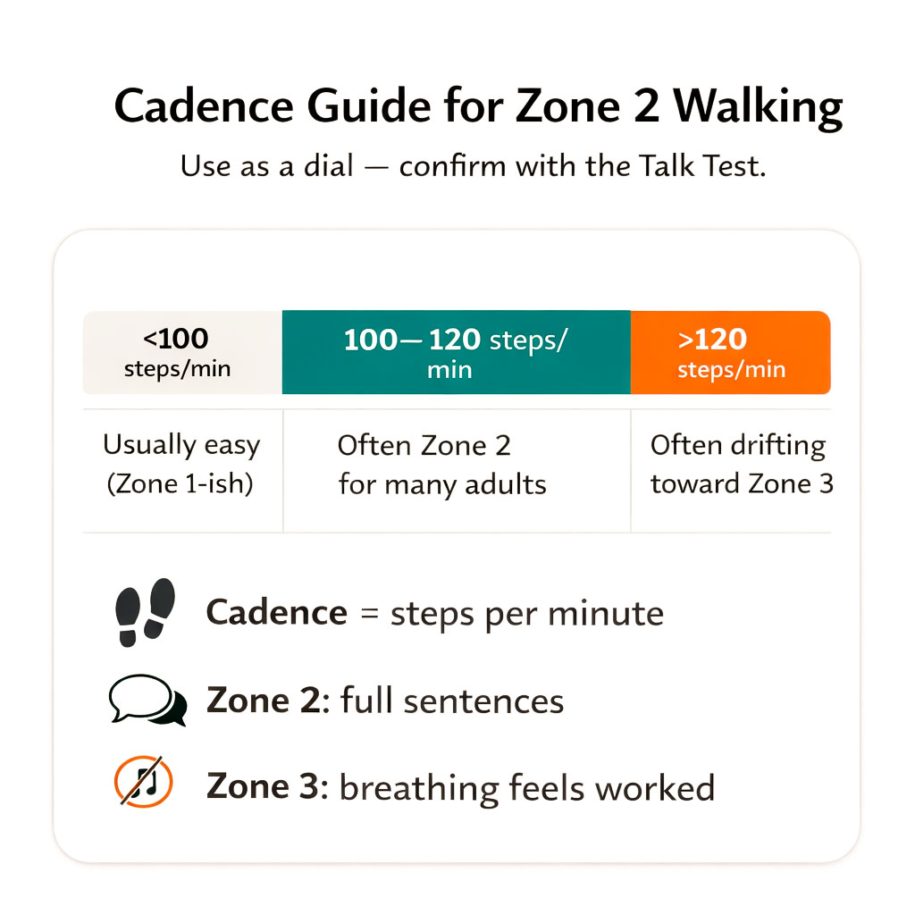 Infographic showing Zone 2 walking cadence around 100 to 120 steps per minute, confirmed by the talk test