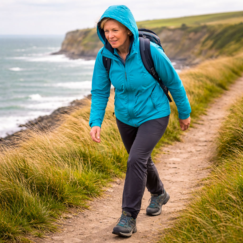 Woman brisk walking on UK coastal path leaning into wind showing increased effort