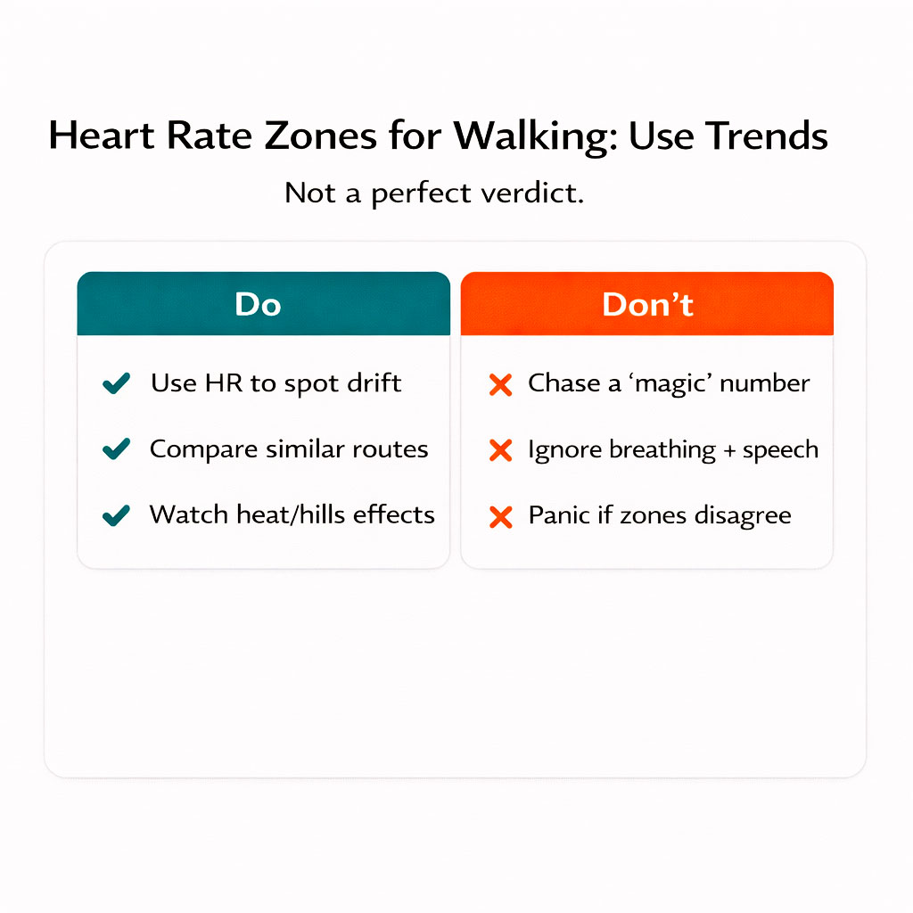 Infographic showing do and do not guidance for using heart rate zones alongside breathing cues