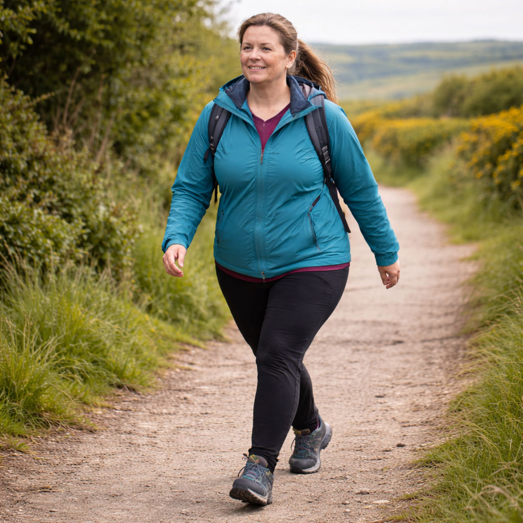 Plus-size woman brisk walking on countryside path with steady posture demonstrating Zone 2 effort