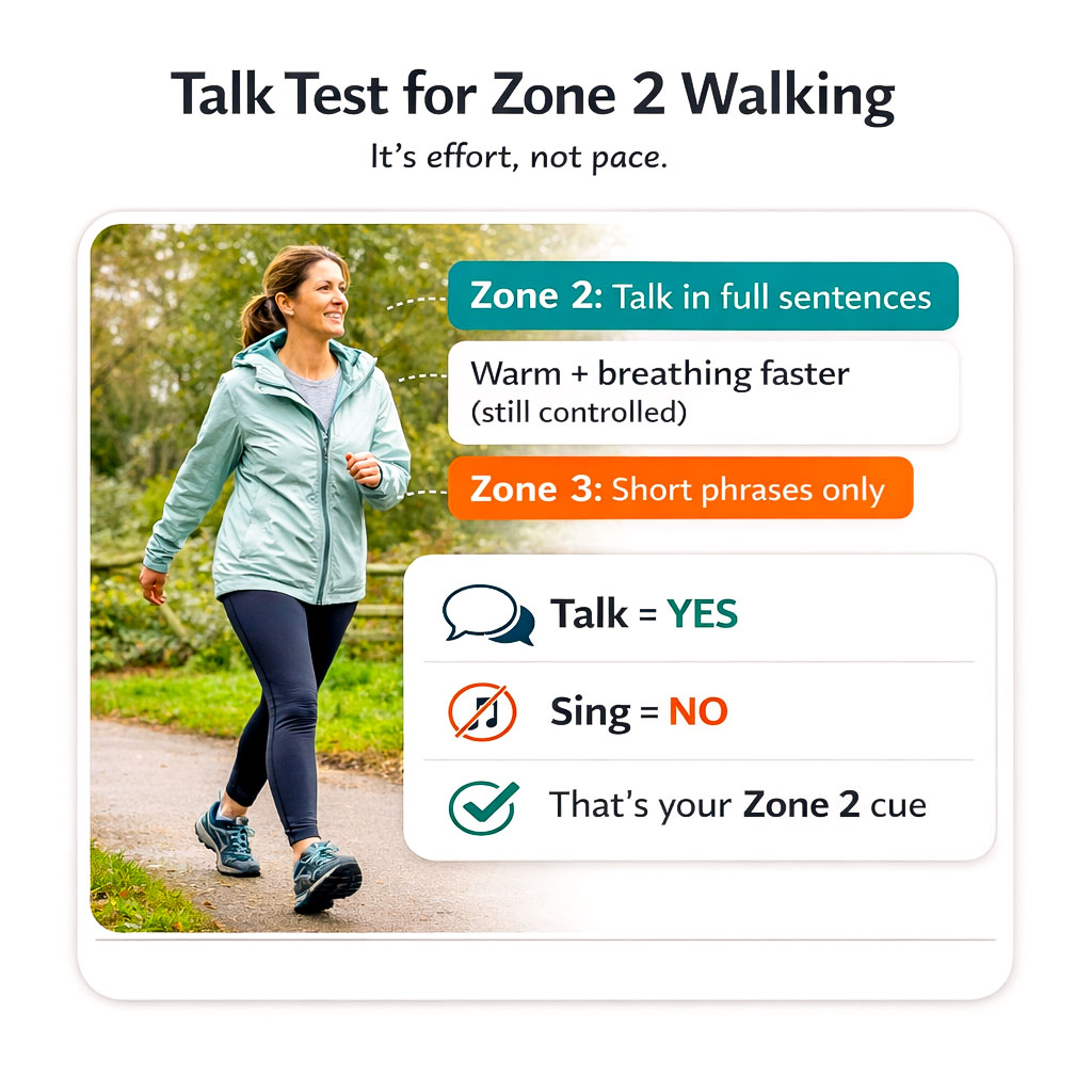 Hybrid graphic showing the talk test for Zone 2 walking: talk in full sentences means Zone 2; short phrases suggests Zone 3