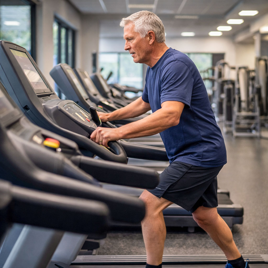 Older man incline walking on treadmill in modern gym showing how incline raises intensity