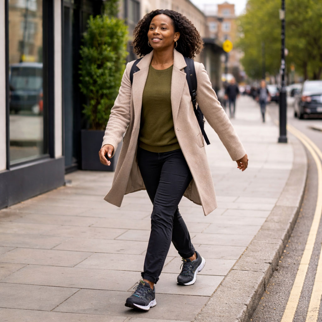 Woman brisk walking confidently in UK urban setting representing real-life Zone 2 activity