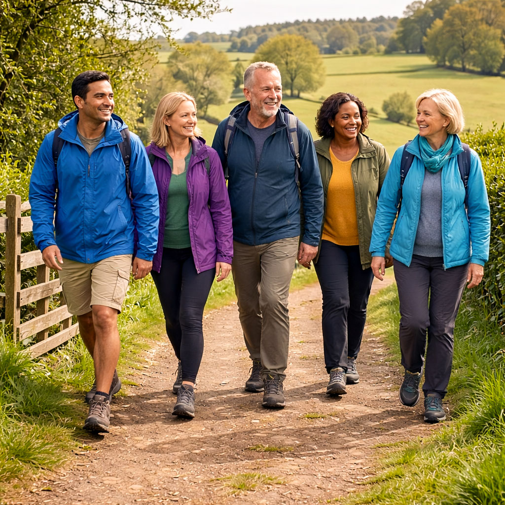 Small diverse walking group on countryside public footpath showing social Zone 2 walking