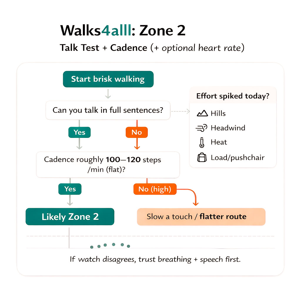 Flowchart showing how to stay in Zone 2 using talk test, cadence and route adjustments