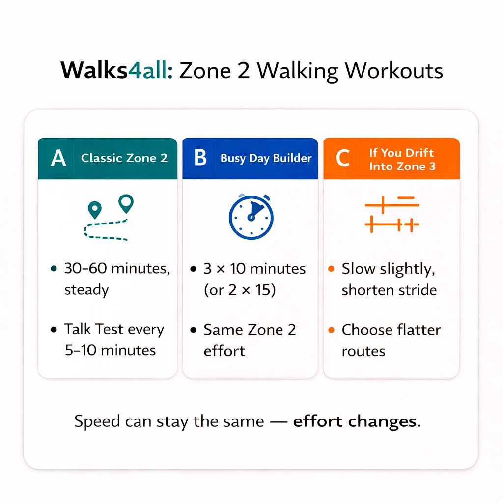 Infographic outlining classic Zone 2 walk, short brisk bouts and adjustments when drifting into Zone 3