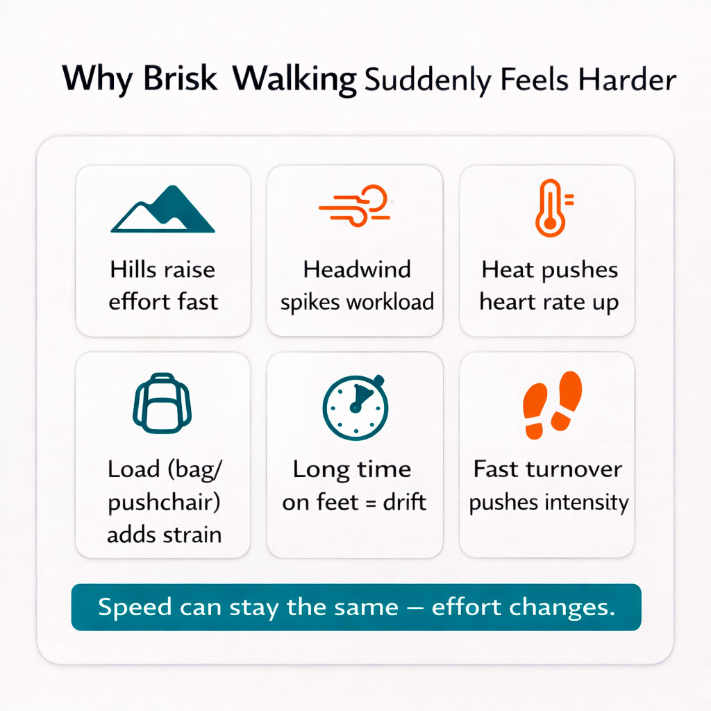 Infographic listing hills, wind, heat, load and fatigue as reasons walking effort increases