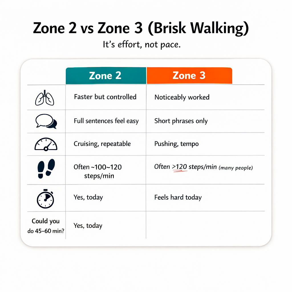 Infographic comparing Zone 2 vs Zone 3 brisk walking using breathing, talk test and cadence cues