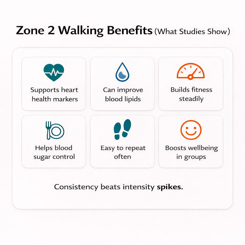 Infographic summarising evidence-based benefits of steady moderate walking for heart health, lipids and fitness